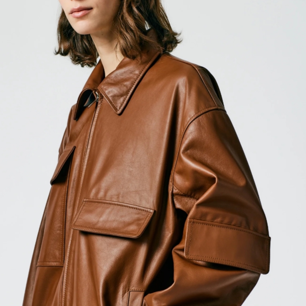 Tibi Aviator Leather Oversized Bomber Jacket, Sienna Brown, XS